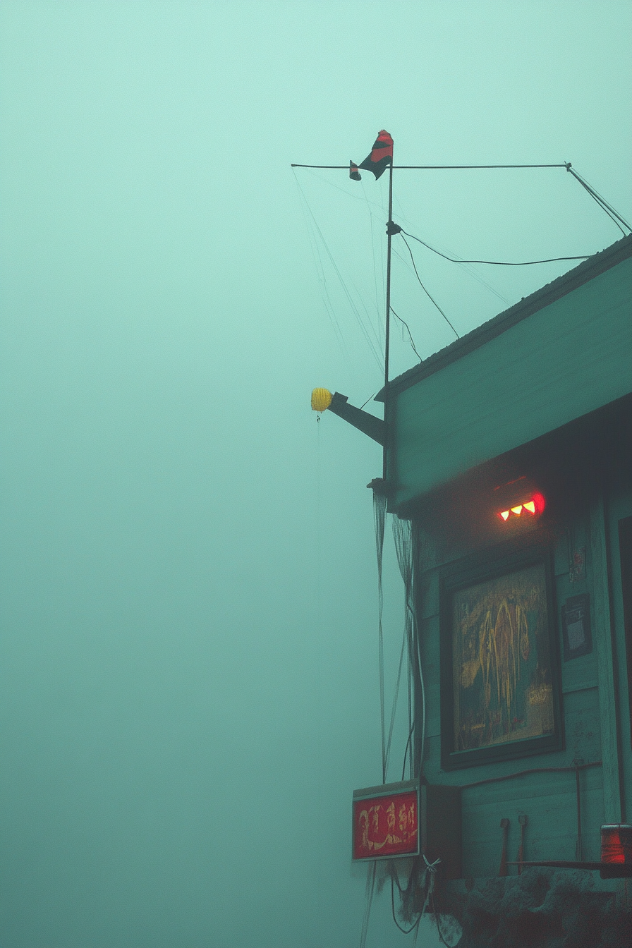 Adventure launch space. Kite repair station touched by foggy weather.