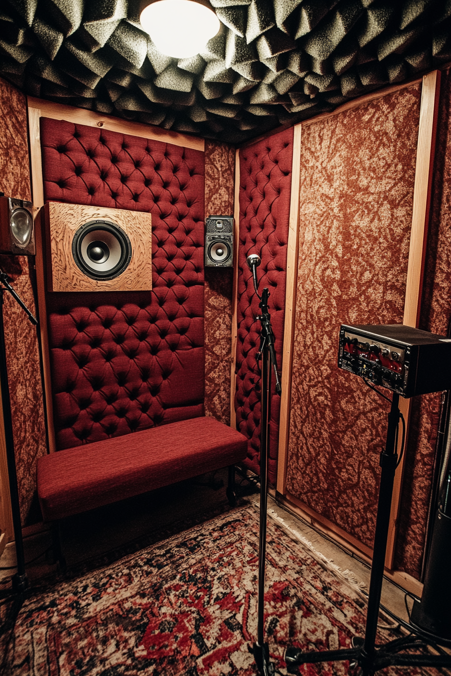 Mobile Studio Space. Crimson-padded recording booth with oak-finish stands.