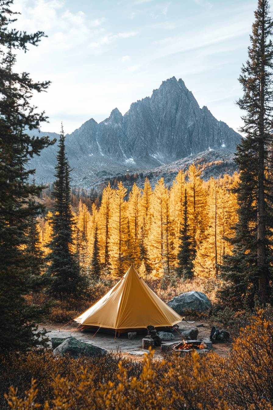 High alpine site. Autumn oranges aurora tent near pine trees with fire pit and peak view.