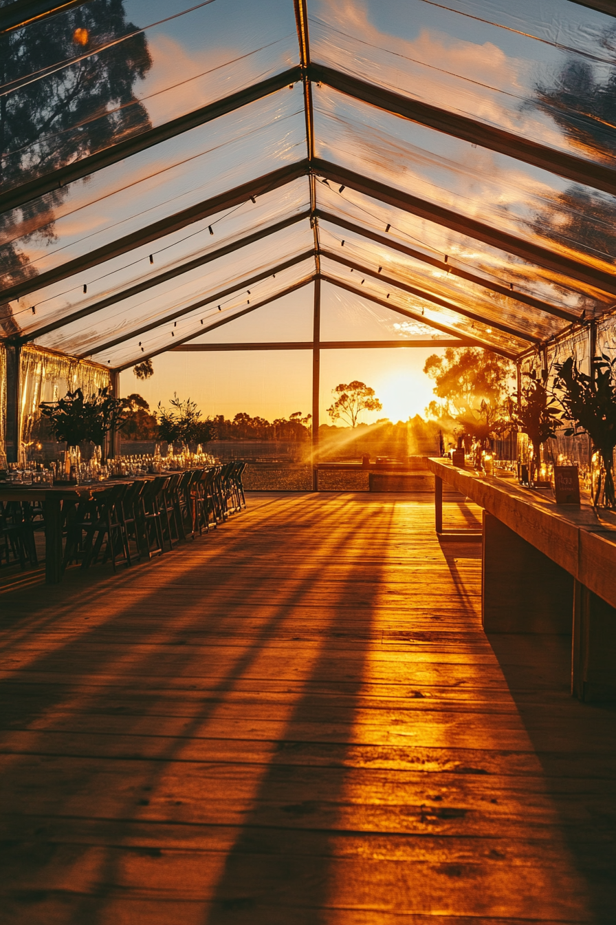 Event Support Space. Completely empty makeshift marquee with sunset backdrop.