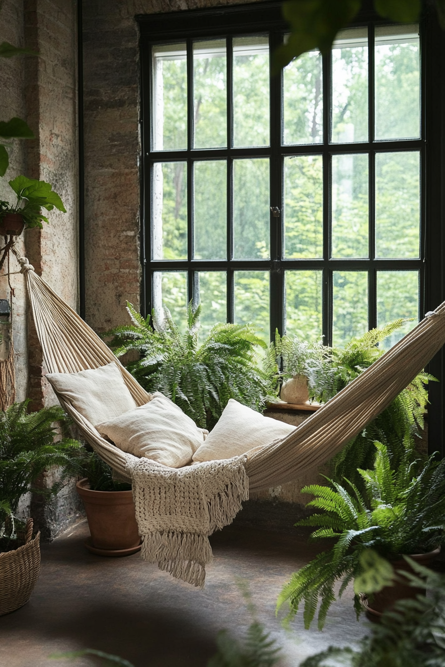 Wellness Escape Space. Rustic indoor rope hammock amidst soothing, verdant potted ferns.