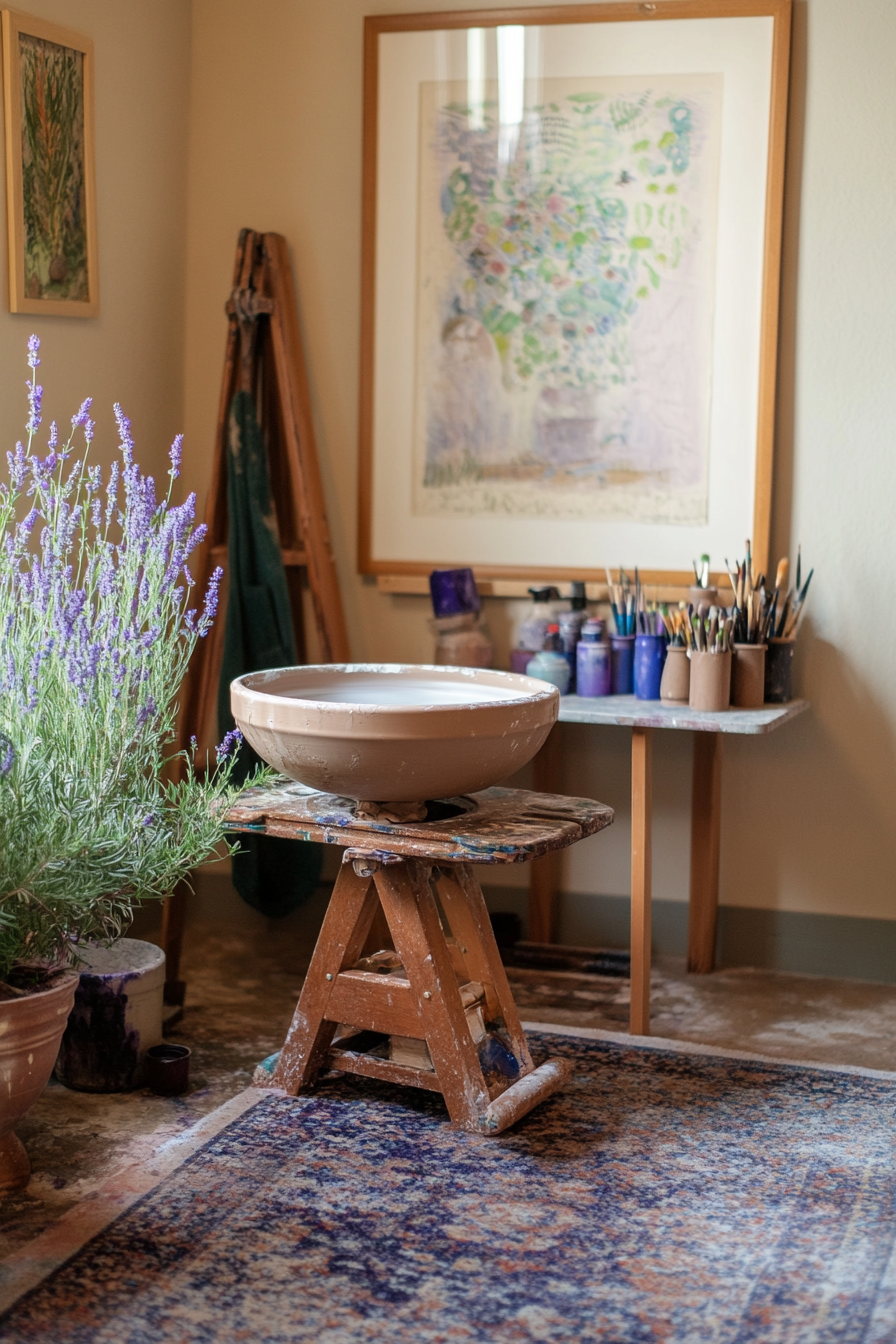 Wellness escape space. Lavender-scentedArtsy corner with pottery wheel, easel, and paints.