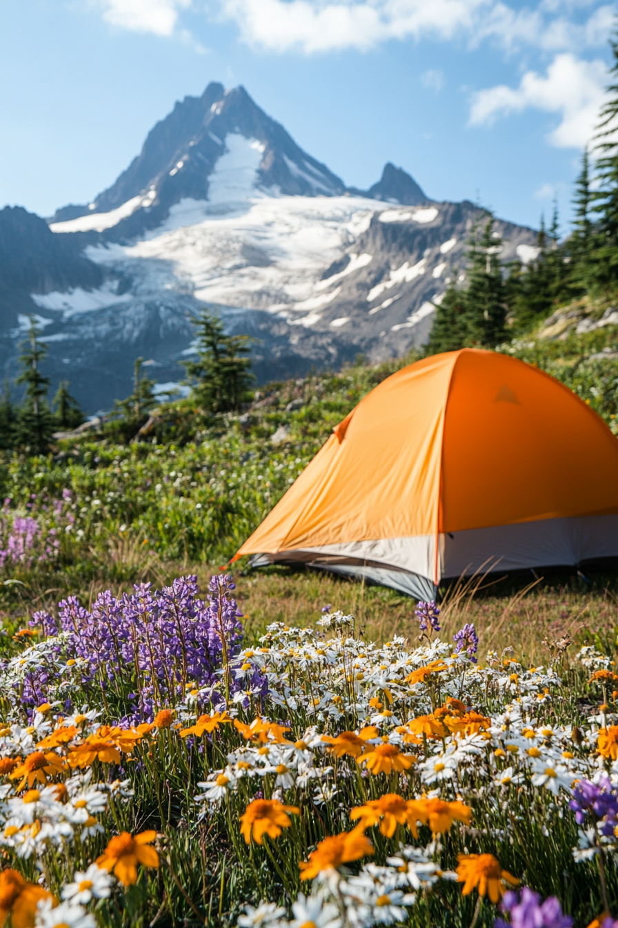 Highland site. Wind-protected tent pad, arrays of wildflowers, mountain peak background.