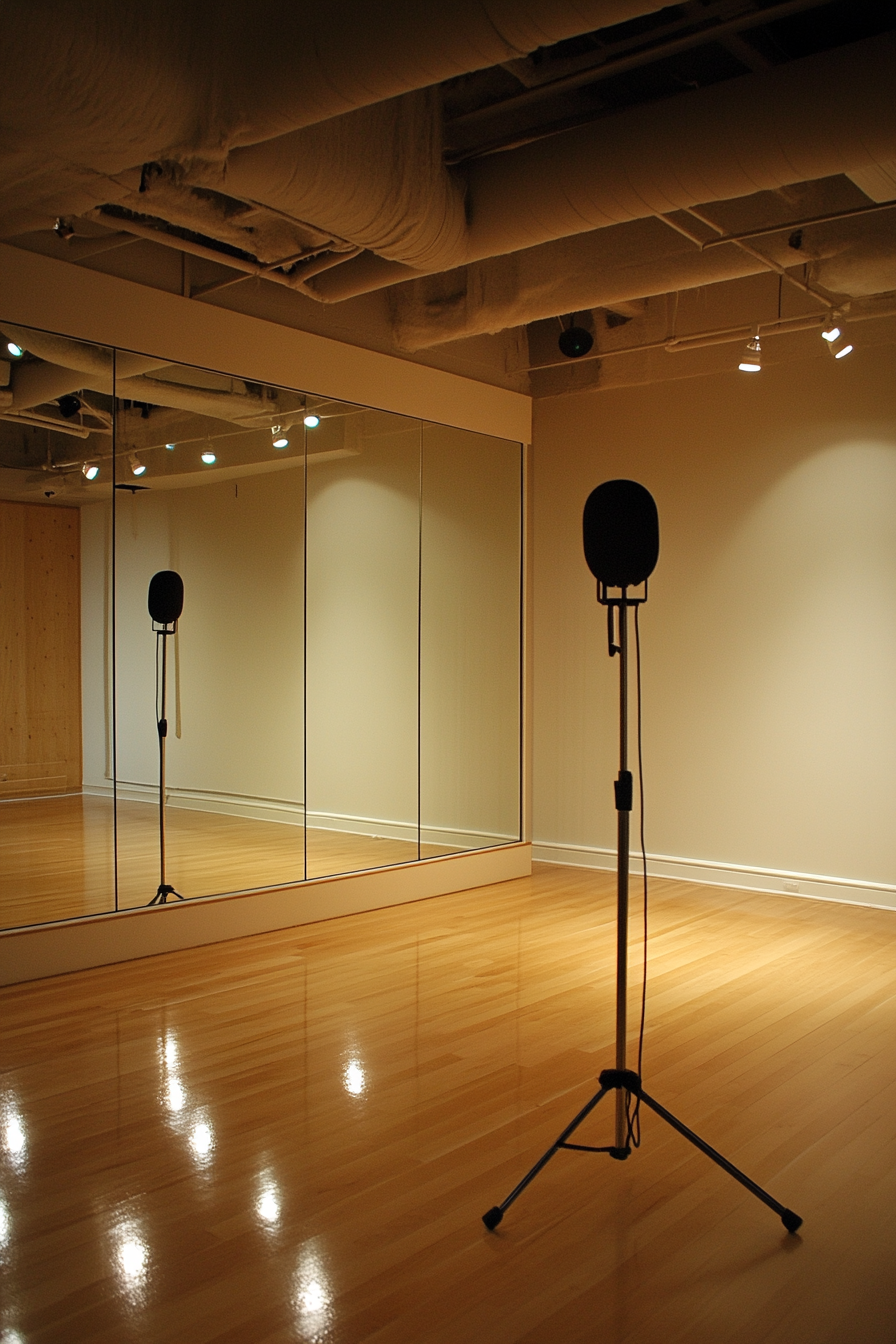 Movement practice space. Condenser microphone, sprung floor, and large mirror paneling.