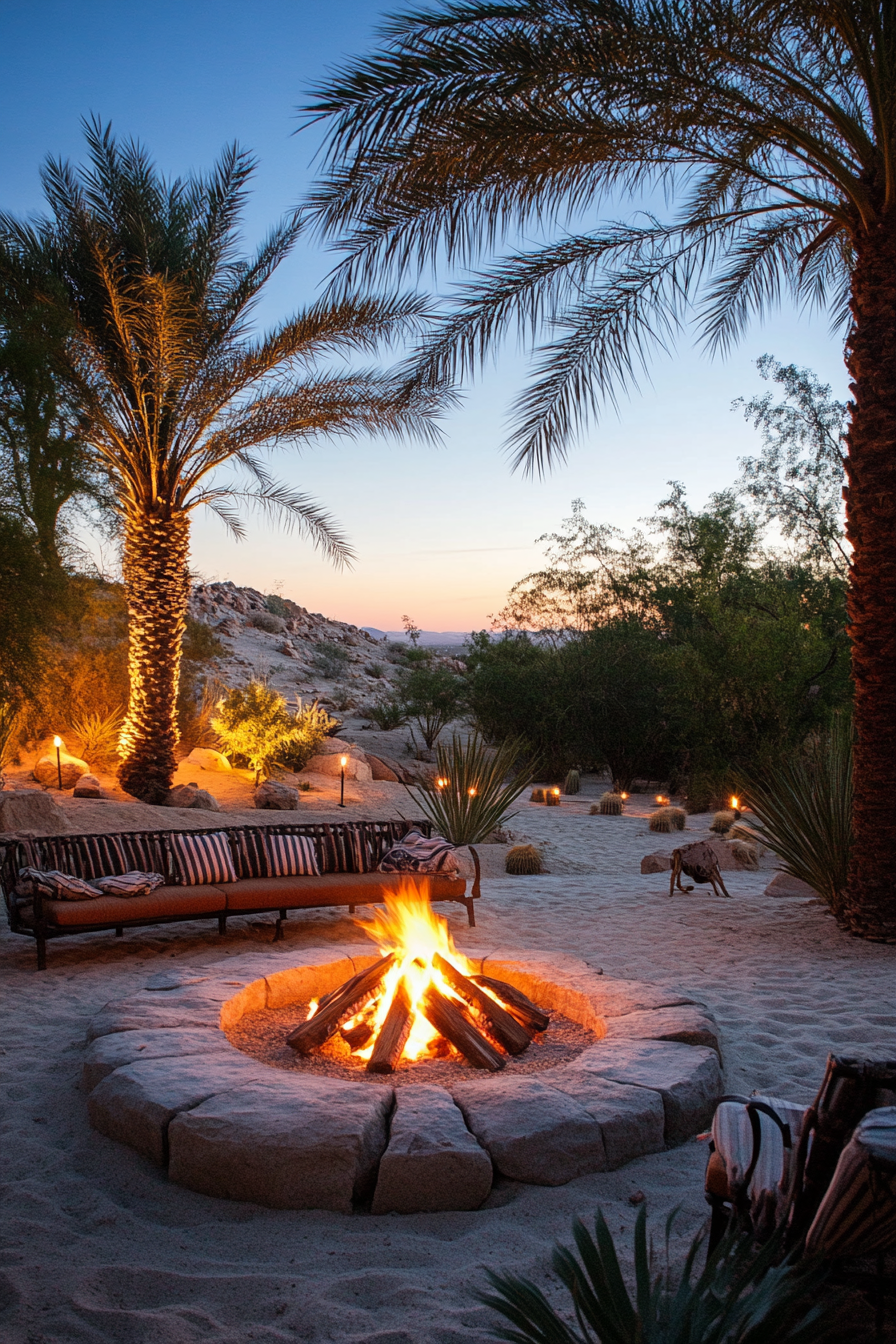 Palm Grove Space. Fire pit, nearby desert spring, hilltop sand dune view.