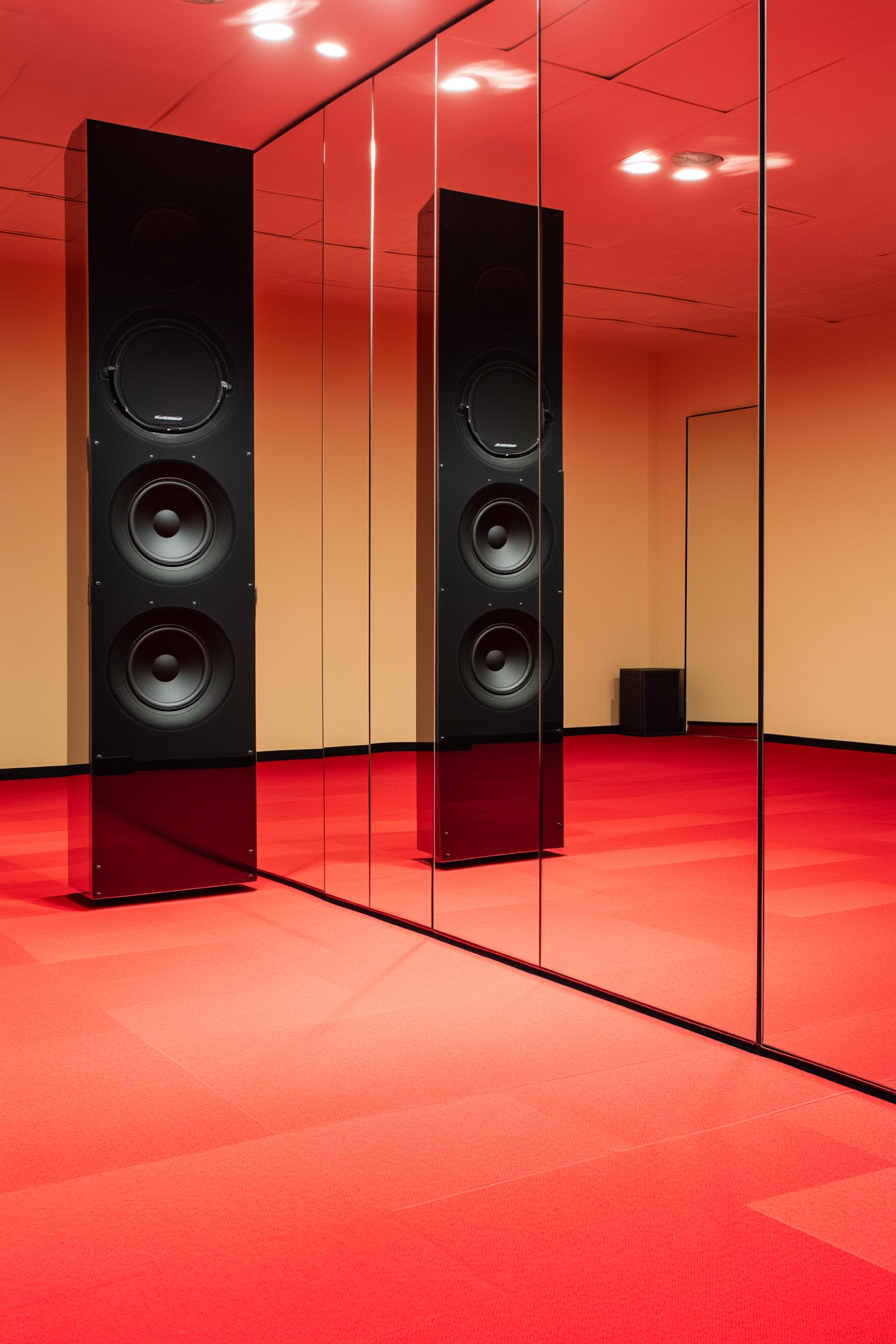 Movement Practice Space. Full-length mirror wall, red sprung floor, black surround sound speakers.