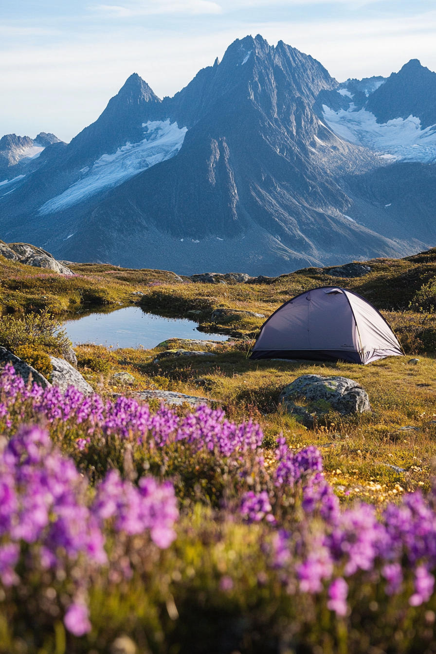 Highland site. Mauve wildflower filling, windscreen tent pad, mountain peak vistas.