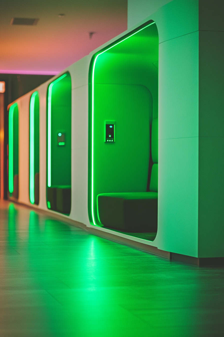 Event support space. Green led-lit high capacity charging station with vibrantly cushy chill zone.