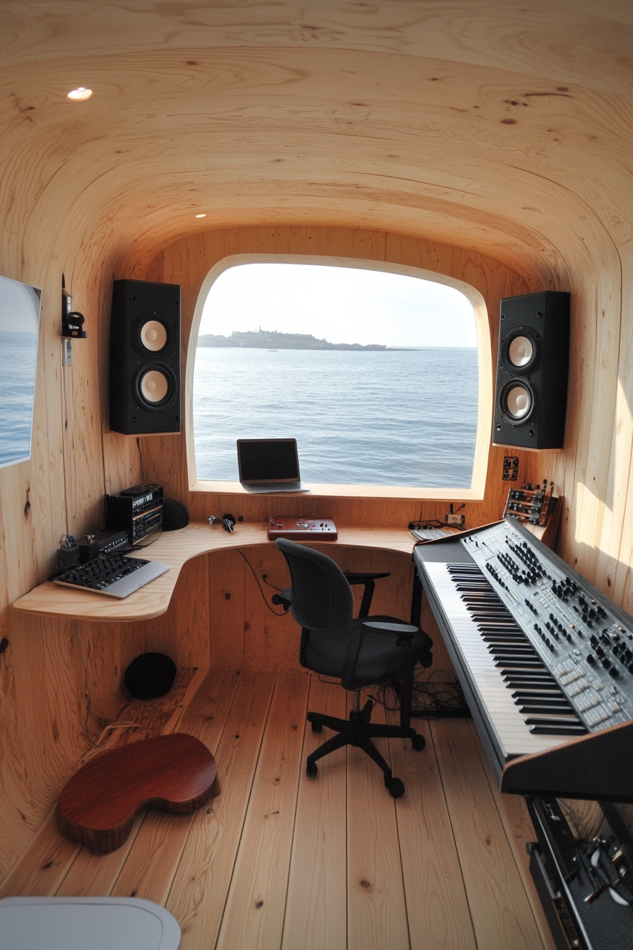 Mobile Studio Space. tucked-away recording booth, suspended guitar shelf, perch overlooking sea