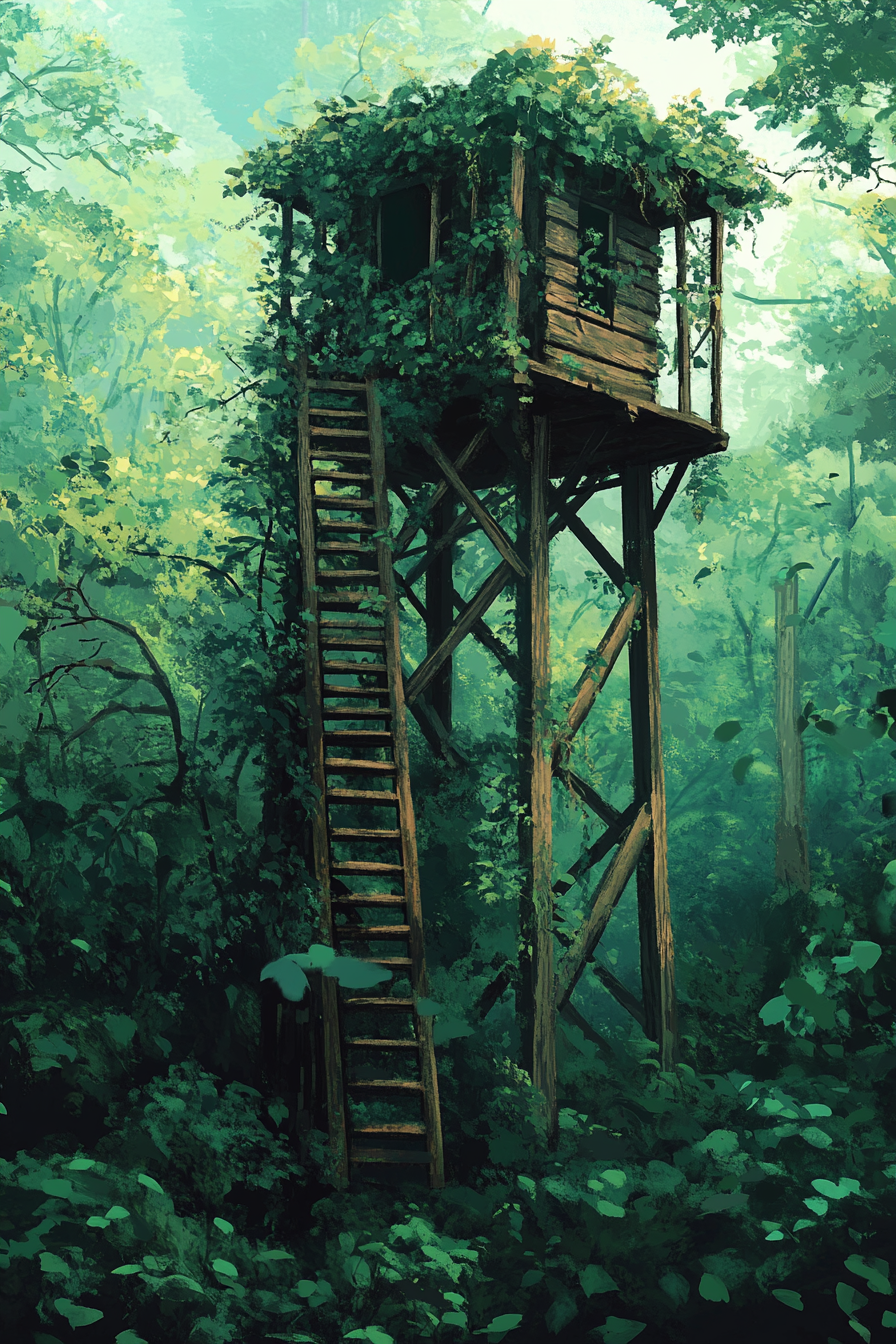 Jungle clearing space. Wooden watchtower with thick ivy growth.