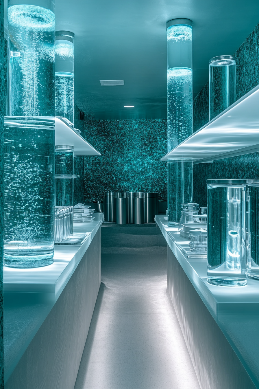 Coastal research space. An aqua-tinted wet lab with white shelves and stainless steel cylinders.