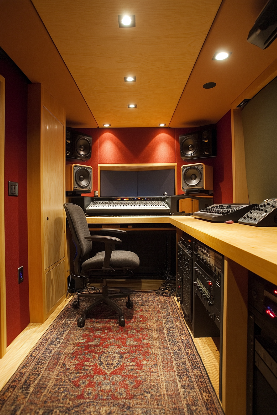 Mobile studio space. Acoustic treated area with isolated recording booth and mixing station.