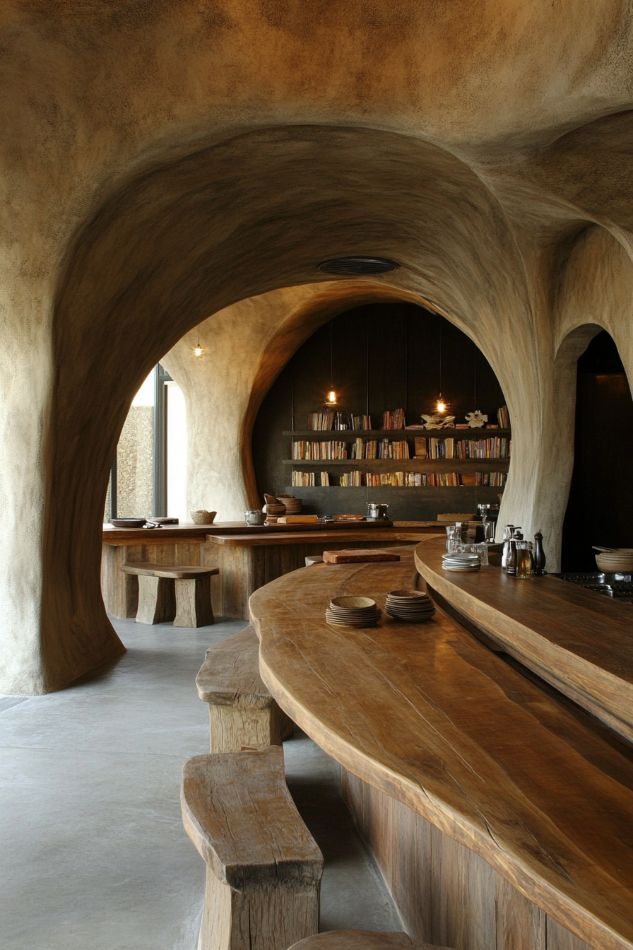 Social cooking space. Variegated wooden tables, banquet seating, terracotta book corner.