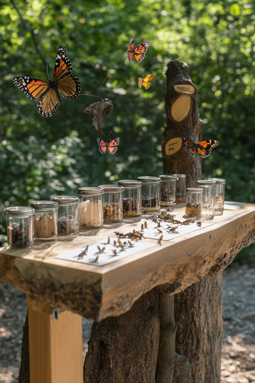 Outdoor education space. Butterfly identification station with net and labeled specimen jars.