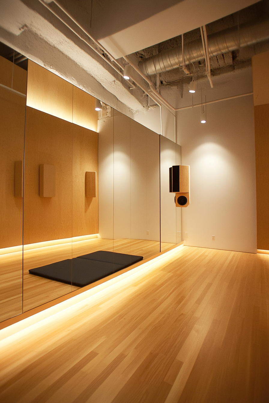 Movement practice space. Enclosed wall mirror, omnidirectional speakers, cushioned vinyl flooring.