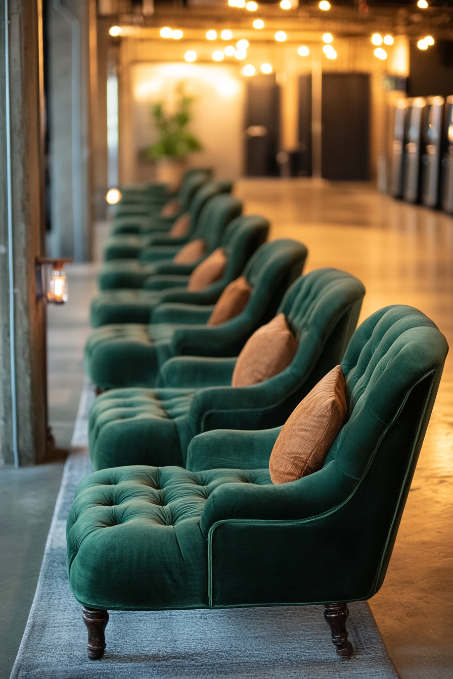 Event Support Space. Green tufted lounge chairs near high-speed charging terminals.