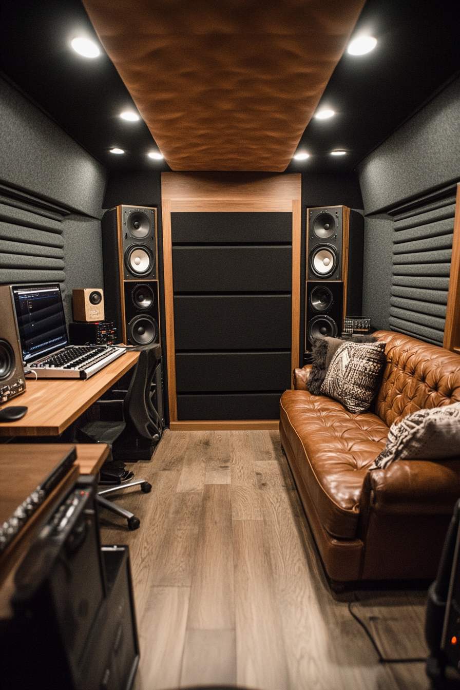 Mobile recording space. Graphite foam panels, leather sofas, oak desks.