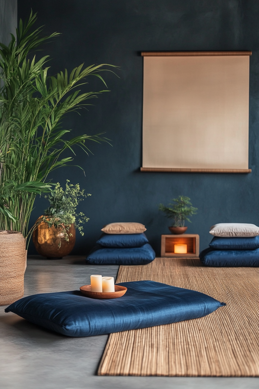 Wellness Escape Space. Yoga corner with bamboo mat and silk meditation cushions in indigo blue.