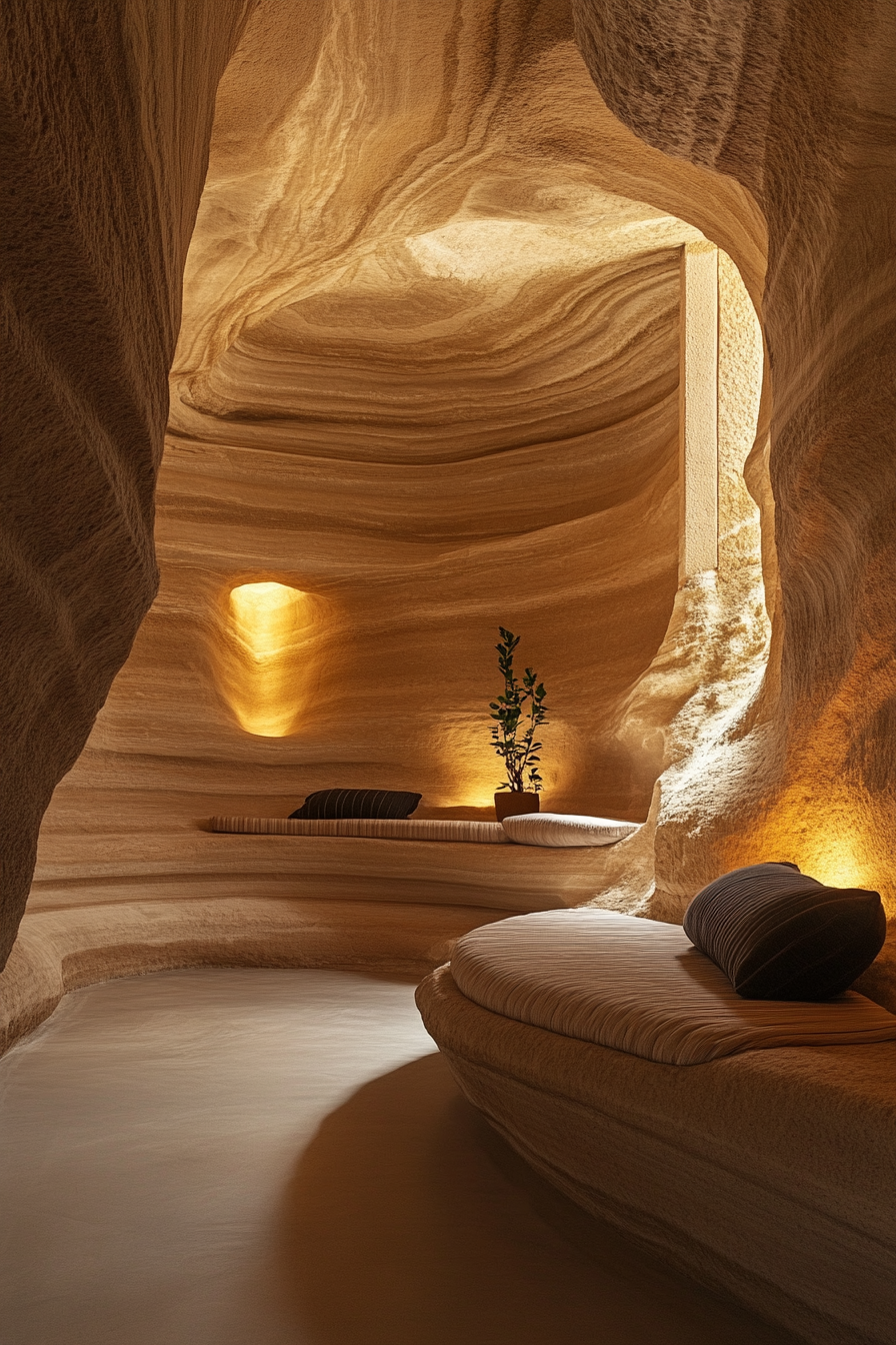 Mountain Wellness Space. Roomy meditation cave with naturally formed sandstone walls.