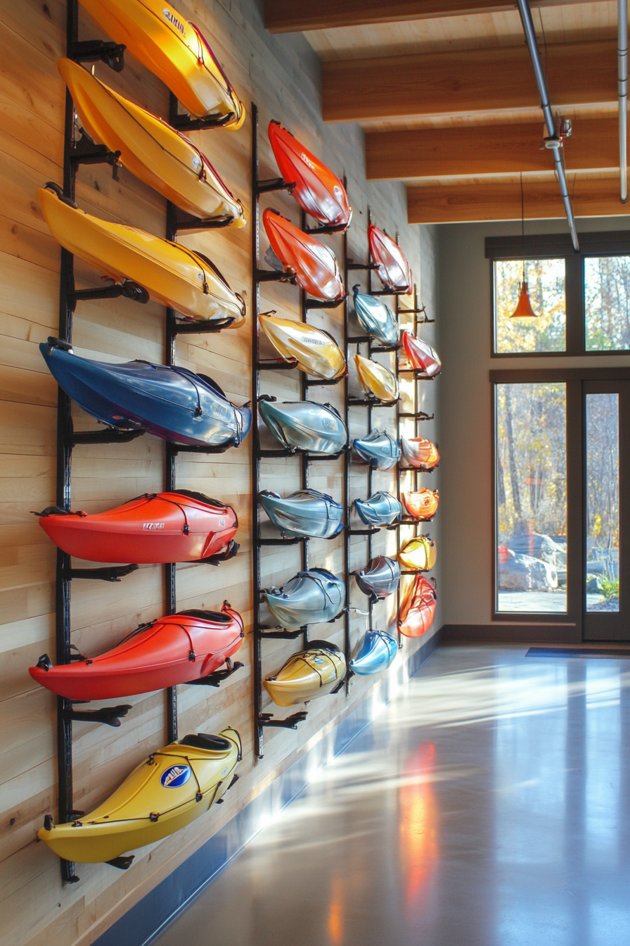 Water Adventure Space. Wall-mounted kayak racks in a well-lit, airy room.