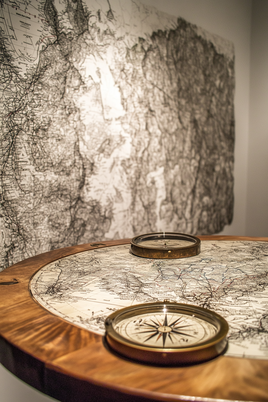 Mountain Community Space. Round table amidst topographical maps and vintage compasses.
