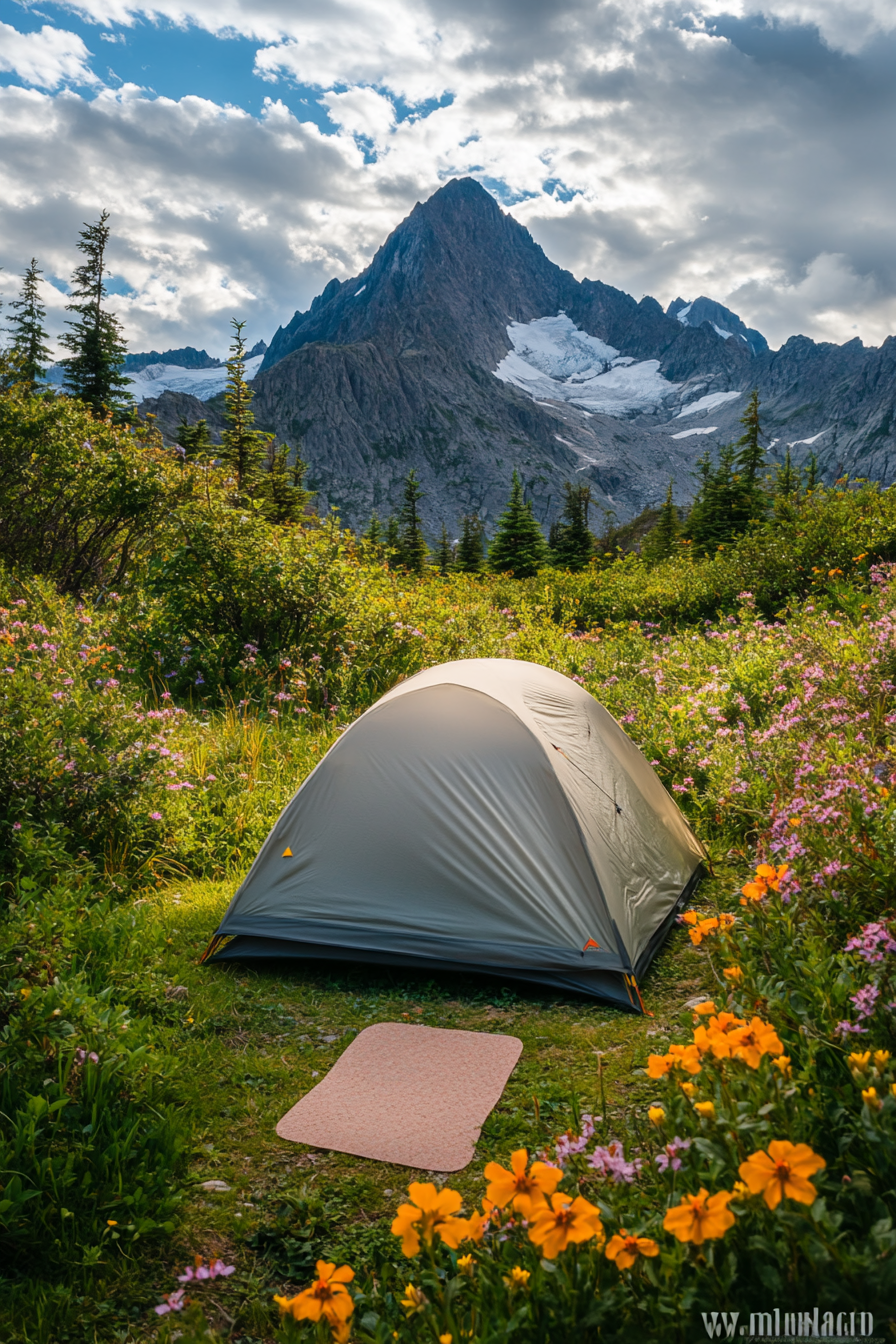 Highland campsite. Tent pad among wildflowers with wind barrier and mountain peak vista.