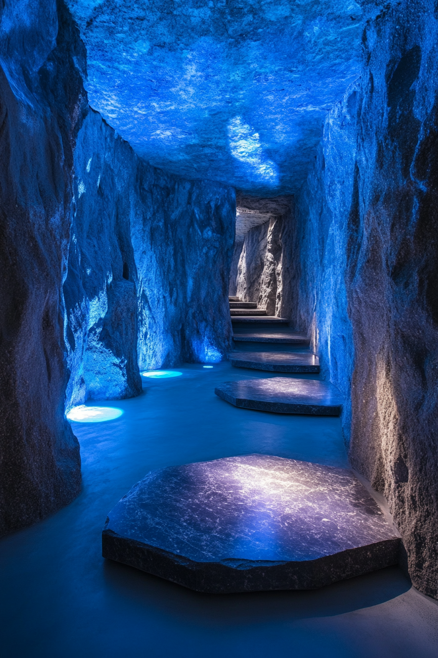 Mountain wellness space. Stone meditation cave with azure luminous lighting.