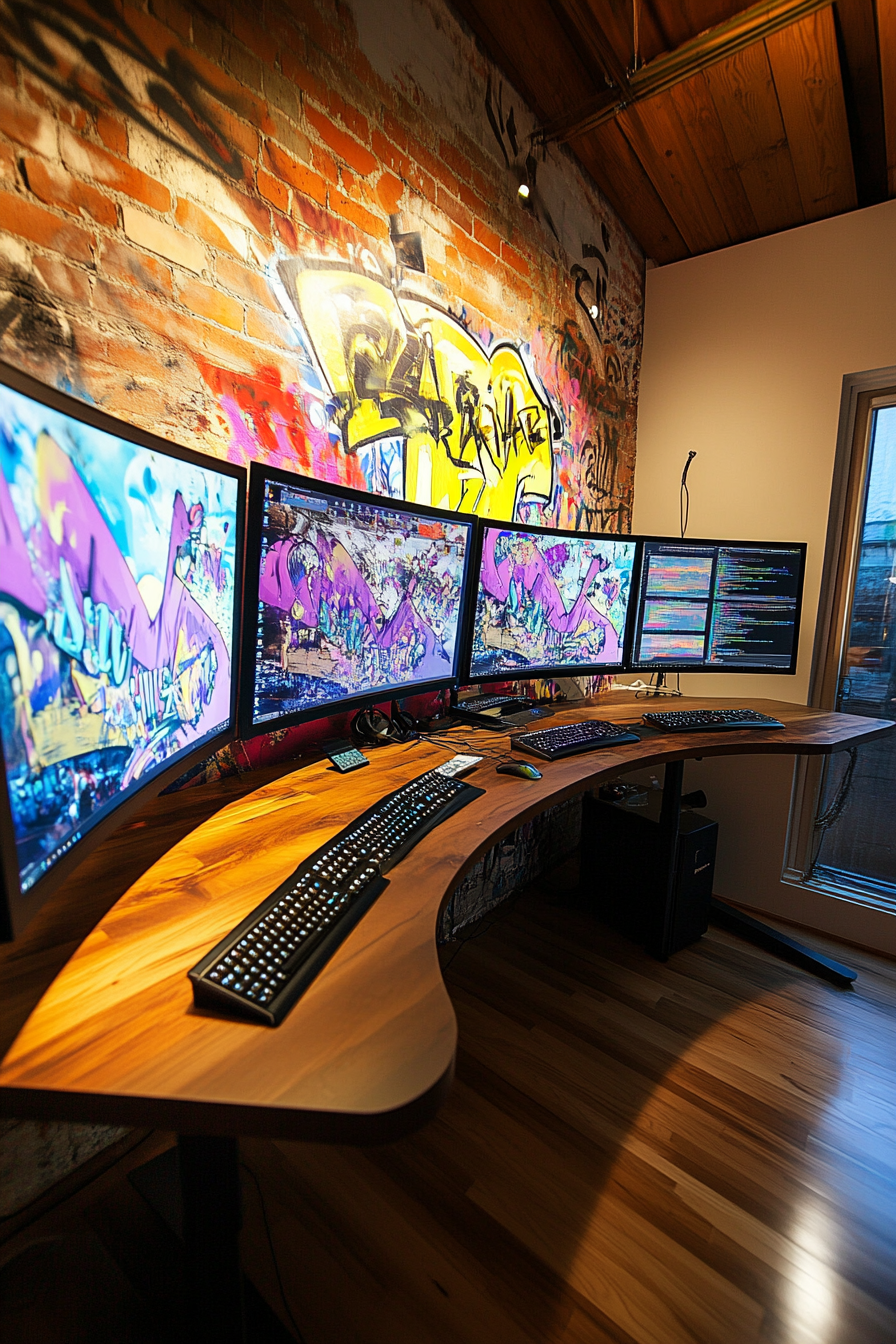 Creative mobile space. Editor desk with curved, trifold computer screens against graffiti mural.