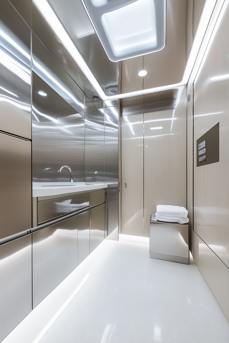 Emergency care space. Well-lit treatment area with sterile stainless steel fixtures.