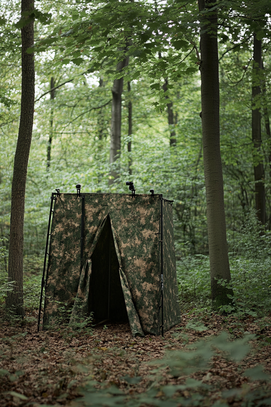 Nature Observation Space. Forest camouflage tent with height-adjustable camera mounts.