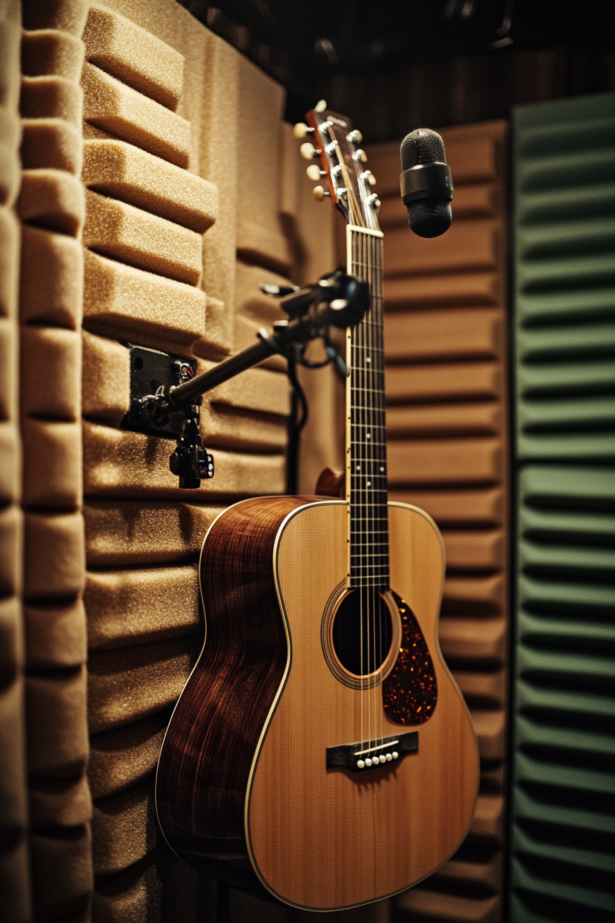Mobile Studio Space. Recording booth with foam padding and acoustic guitar wall mount.