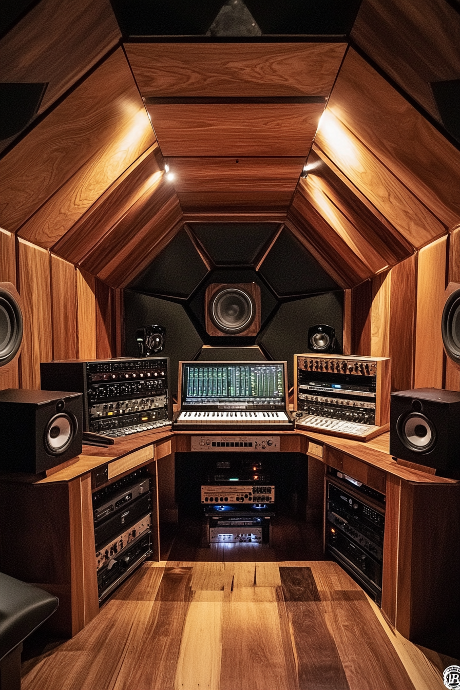 Mobile Studio Space. Blues hexagonal recording booth with mahogany instrument compartments.