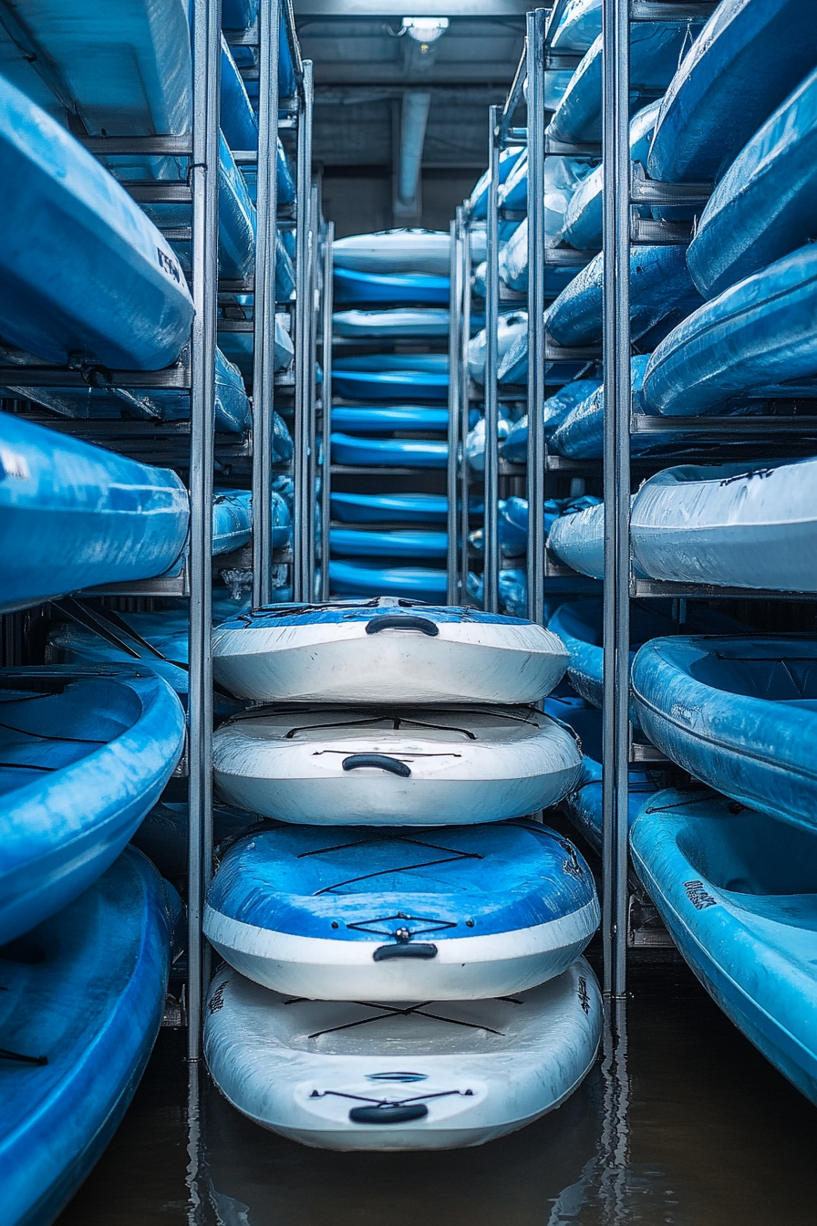 Water Adventure Space. Blue and white rubber Sea Kayaks stacked in metal frames.