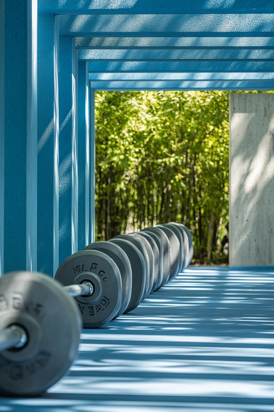 Fitness Community Space. Blue open-air gym with concrete dumbbells.