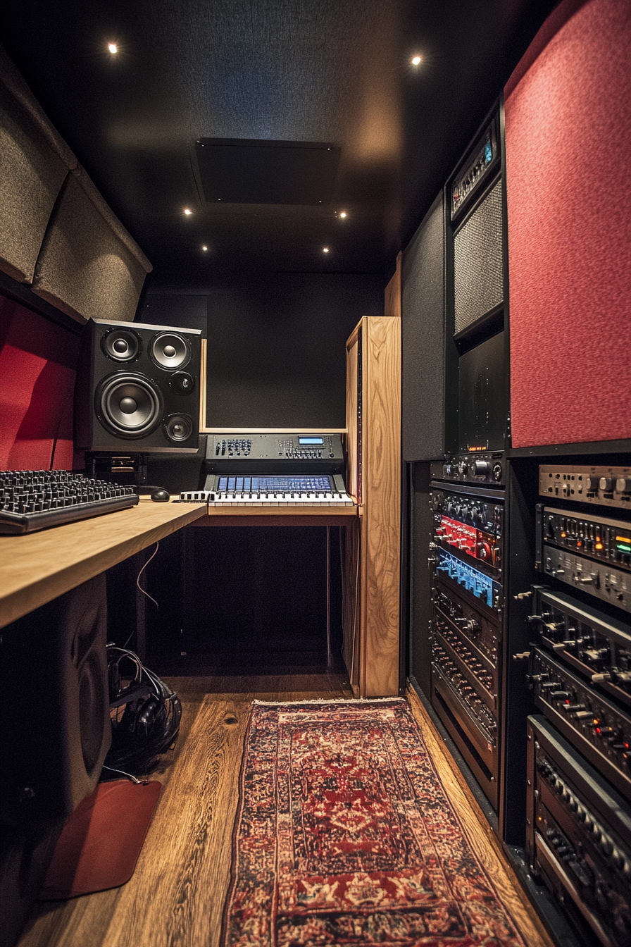 Mobile Studio Space. Acoustic wall panelled bus with built-in recording booth and mix station.