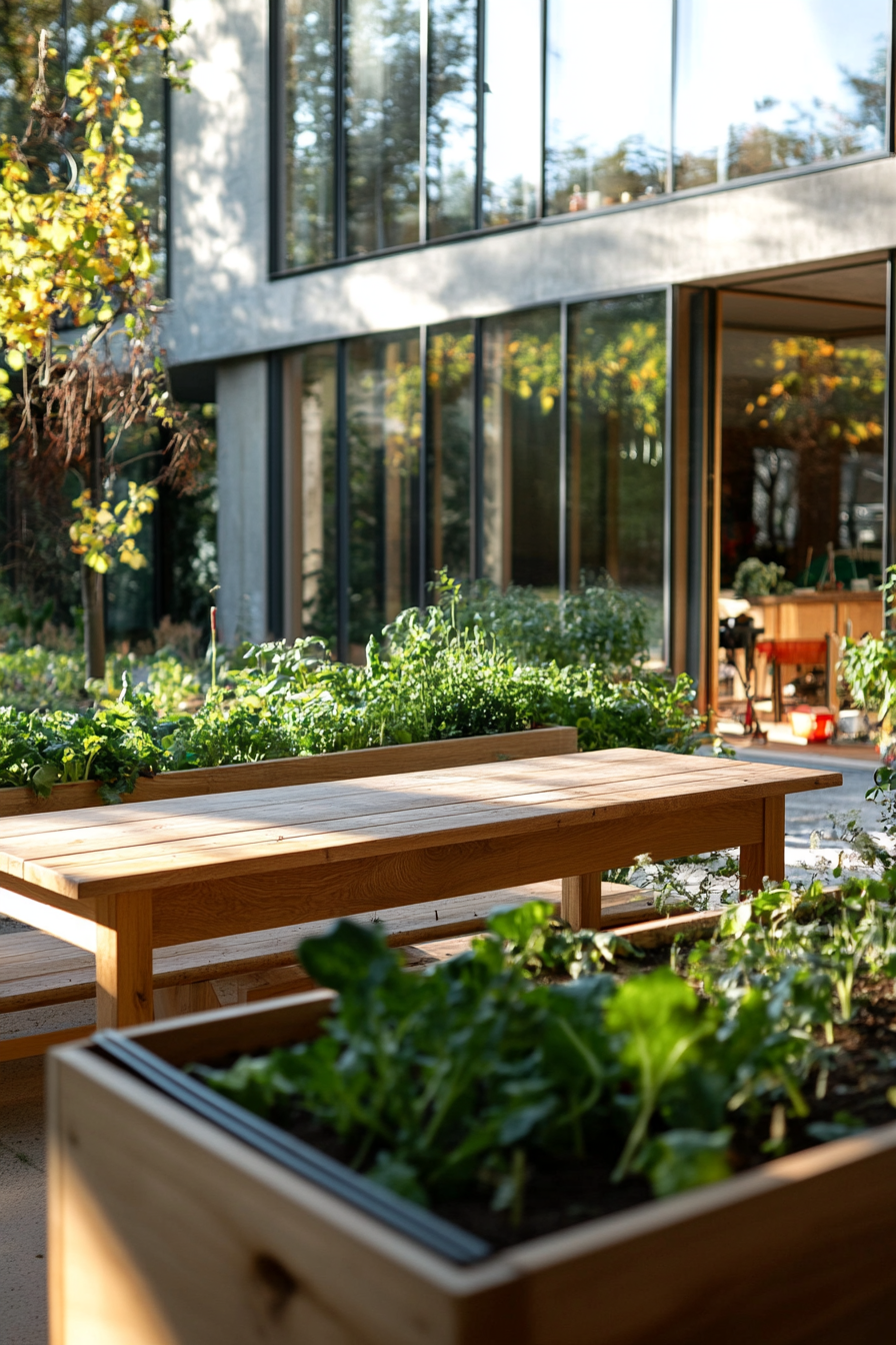 Community living space. Vegetable garden with communal oak dining table.