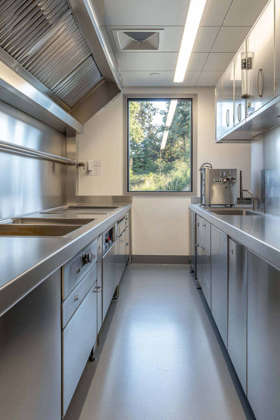 Coastal Research Space. Wet lab with wall-to-wall stainless steel counters.