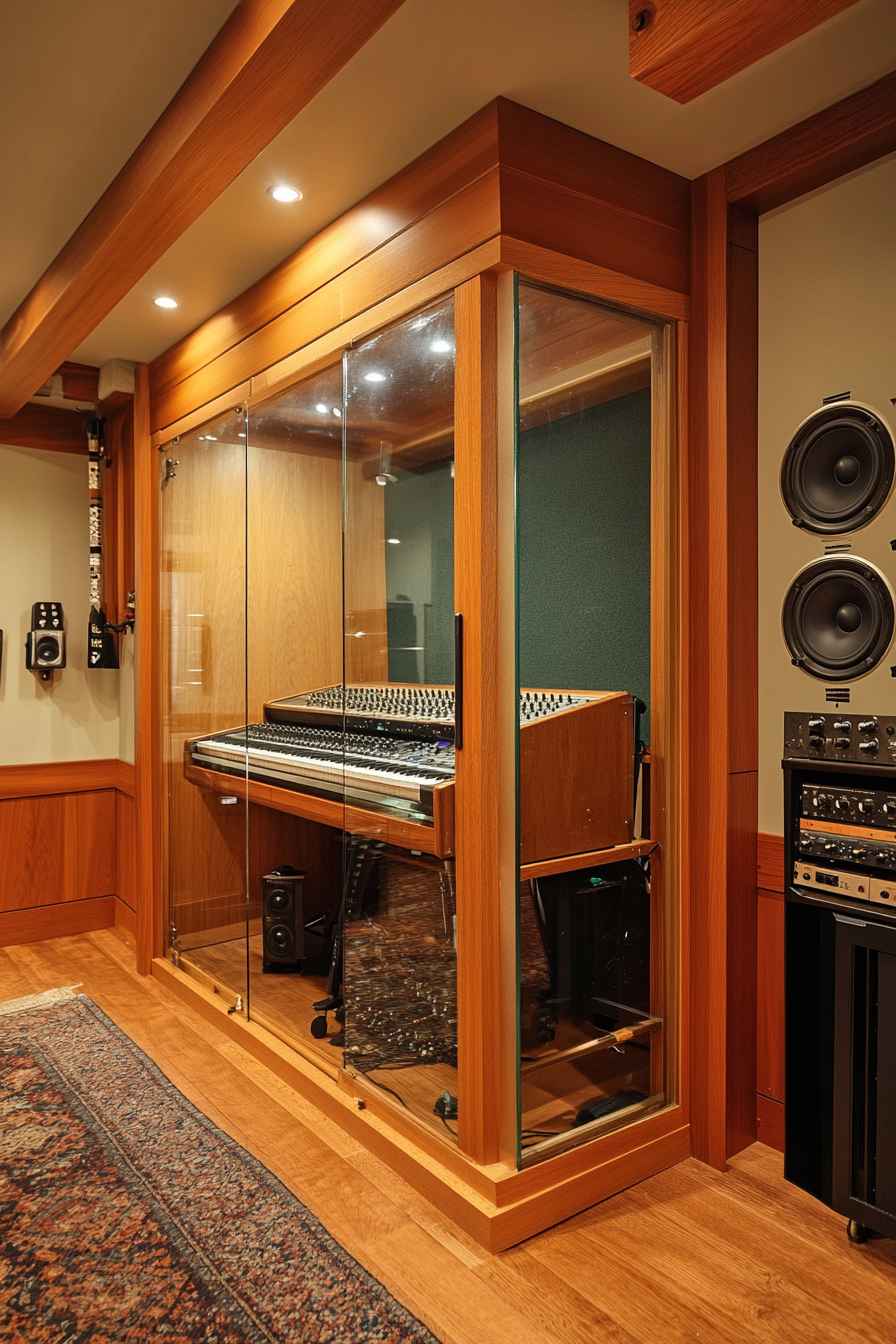 Mobile studio space. Glass recording booth attached to cherry wood instrument cabinetry on wheels.