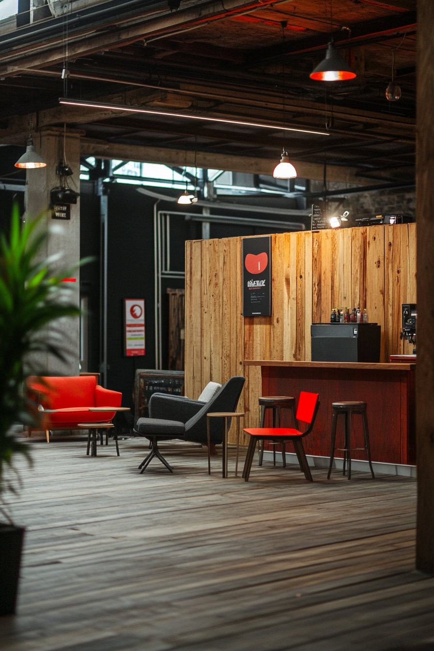 Event support space. Vintage industrial interior with red charging station and monochrome chill zone.