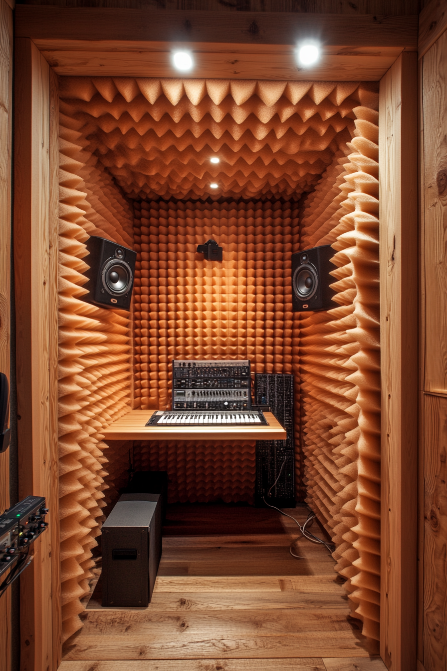 Mobile studio space. Wooden recording booth with egg crate foam panels.