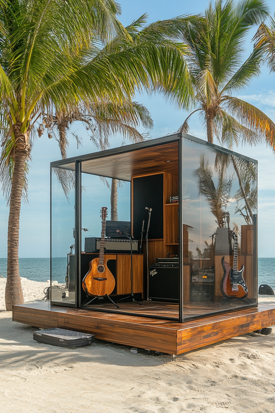Mobile Studio Space. Wooden instrument storage, glass recording booth, beachside stage with palm trees.