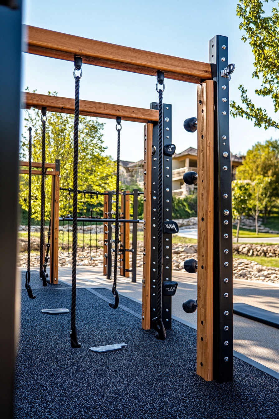 Fitness community space. Outdoor gym with monkey bars, climbing walls, and kettlebell stations.