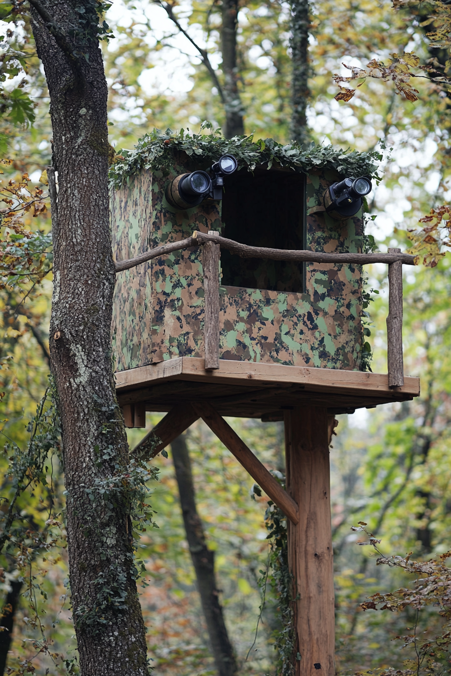 Nature Observation Space. Treetop platform with camouflage viewing blind and mounted binoculars.