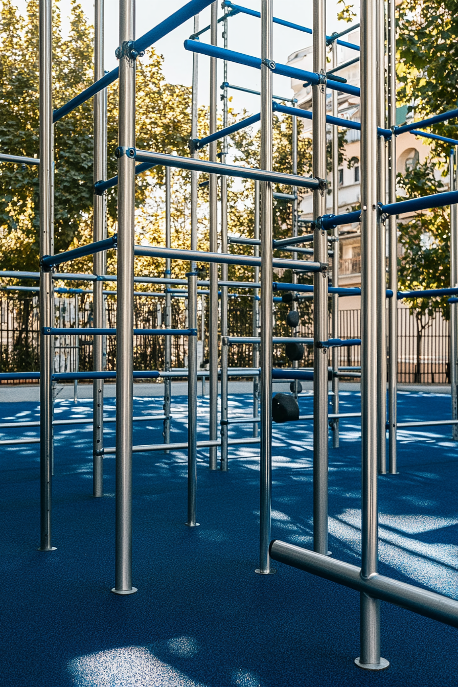 Fitness community space. Outdoor gym with metal scaffolding and blue rubber flooring.