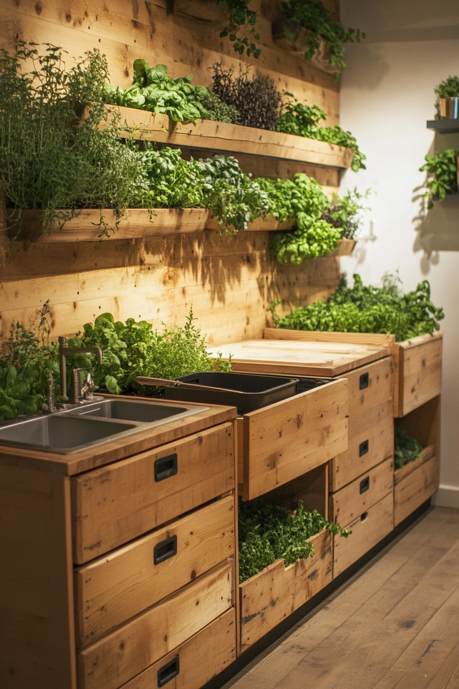 Community cooking space. Herb wall, wooden bulk storage bins, soil composting system.