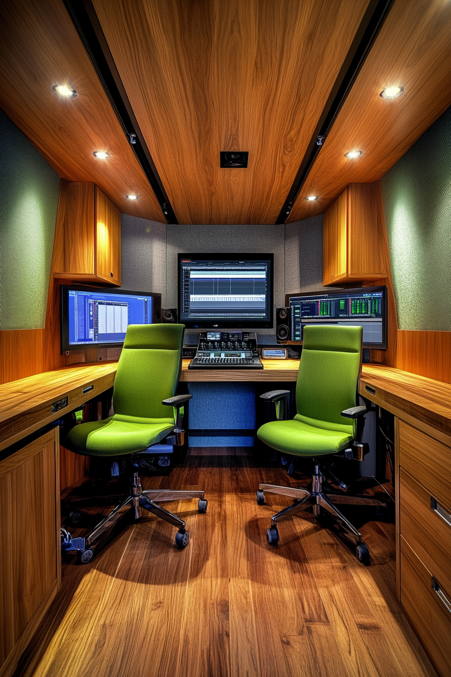 Creative mobile space. High-tech editing bay with wood paneling and ergonomic, green/blue swivel chairs.