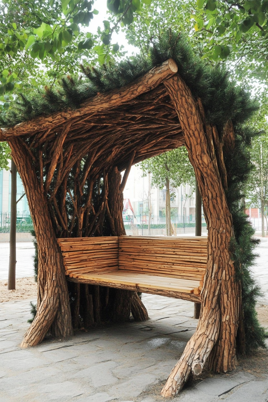 Outdoor education space. Emergency shelter station crafted from pine branches.