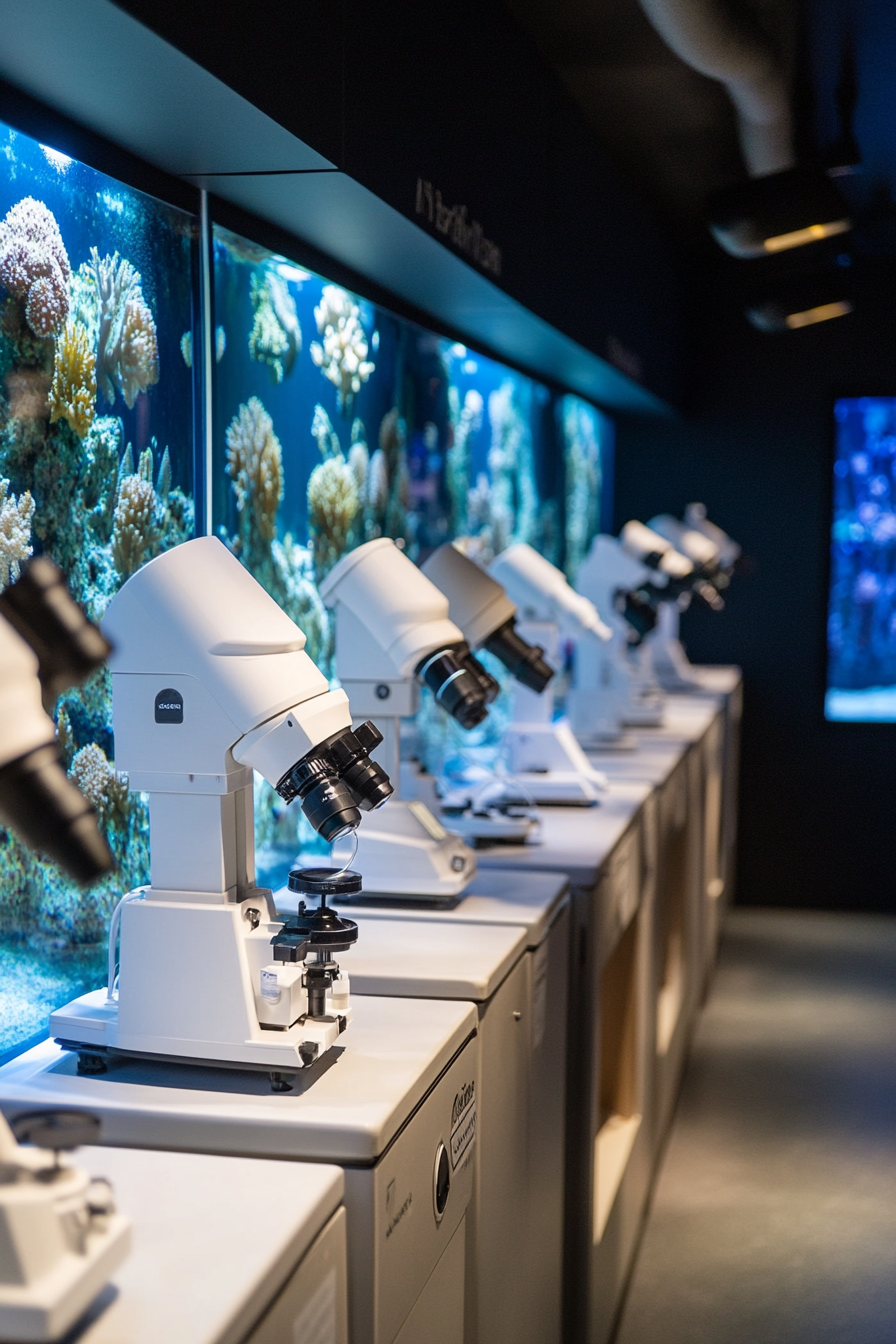 Coastal Research Space. Saltwater observation tank flanked by white microscopes.