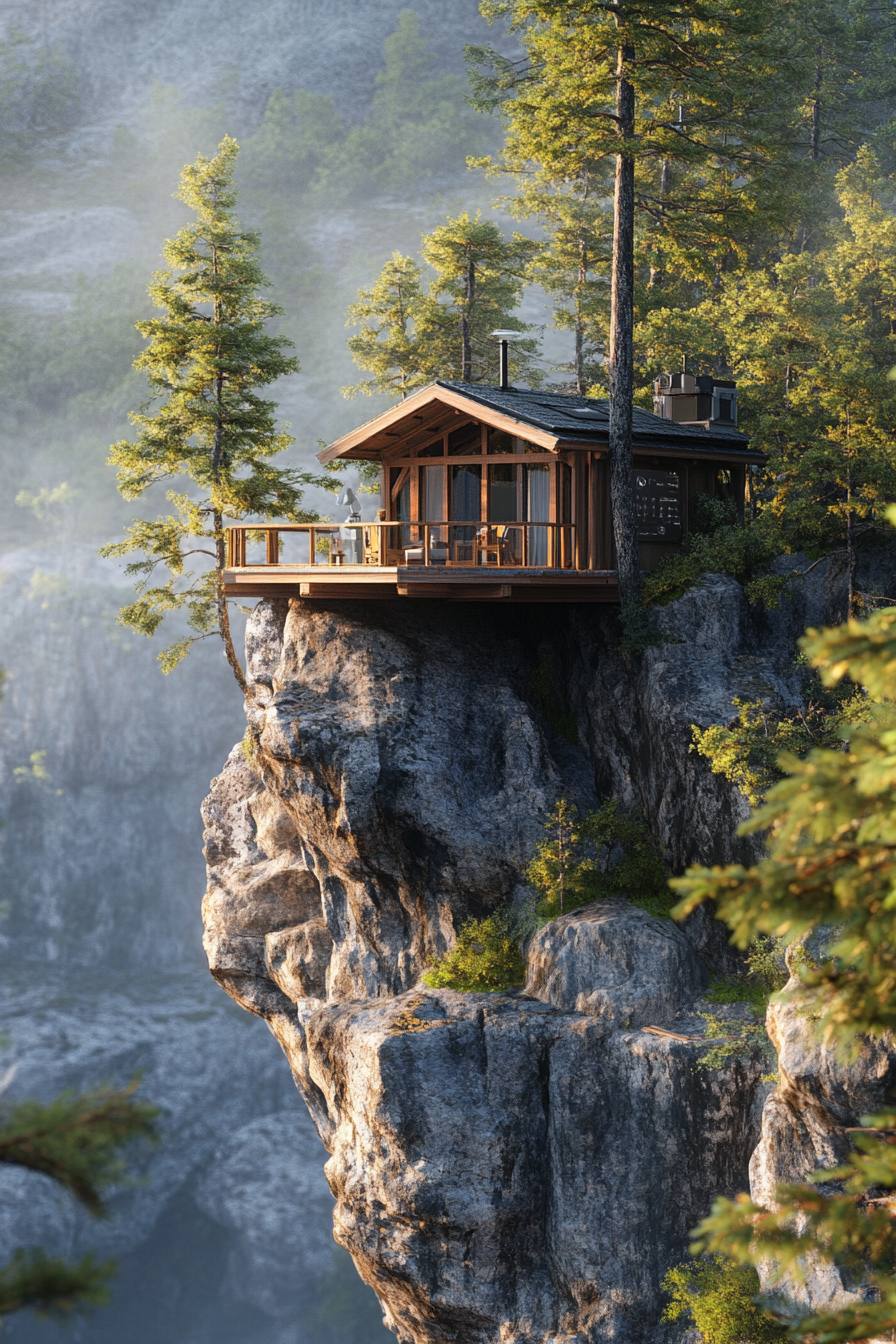Nature Observation Space. Cozy cabin, perched high with installed sophisticated camera mounts, surrounded by untouched wilderness.