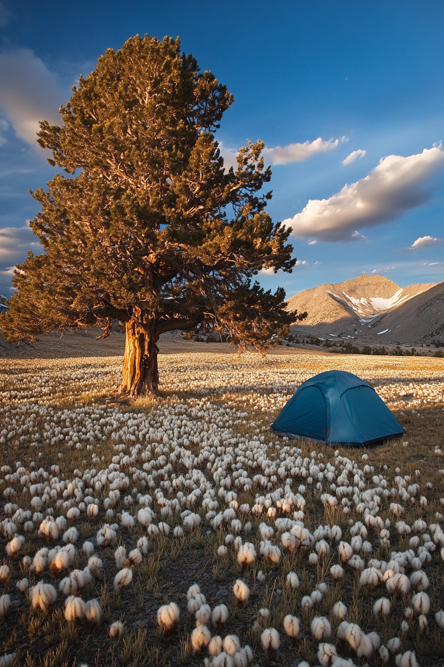 Highland campsite. Cotton-grass covered field with a blue dome tent under a bristlecone pine.